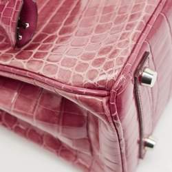 Hermes Rose Tyrien Shiny Niloticus Crocodile Palladium Finish Birkin 25 Bag