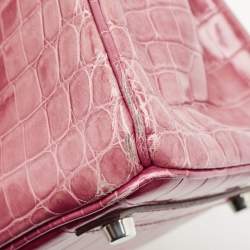 Hermes Rose Tyrien Shiny Niloticus Crocodile Palladium Finish Birkin 25 Bag