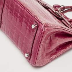 Hermes Rose Tyrien Shiny Niloticus Crocodile Palladium Finish Birkin 25 Bag