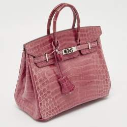 Hermes Rose Tyrien Shiny Niloticus Crocodile Palladium Finish Birkin 25 Bag