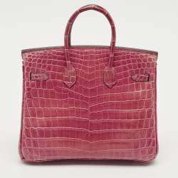 Hermes Rose Tyrien Shiny Niloticus Crocodile Palladium Finish Birkin 25 Bag
