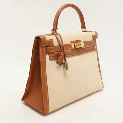 Hermes Natural Barenia Leather and Toile Canvas Gold Hardware Kelly Sellier 32 Bag