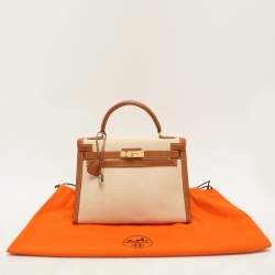 Hermes Natural Barenia Leather and Toile Canvas Gold Hardware Kelly Sellier 32 Bag