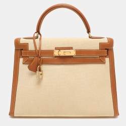 Hermes Natural Barenia Leather and Toile Canvas Gold Hardware Kelly Sellier 32 Bag