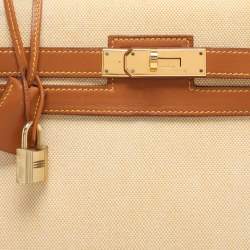 Hermes Natural Barenia Leather and Toile Canvas Gold Hardware Kelly Sellier 32 Bag