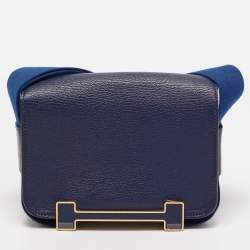 Pre Owned Hermes Bleu Navy Chevre Mysore Leather Gold Finish Geta Bag