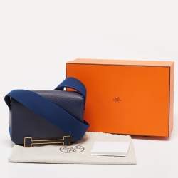 Pre Owned Hermes Bleu Navy Chevre Mysore Leather Gold Finish Geta Bag