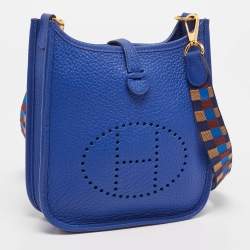 Pre Owned Hermes Bleu Royal/Bleu/Biscuit/Rouge H Taurillon Clemence Leather Maxi Quadrille Evelyne TPM Bag