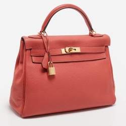 Pre Owned Hermes Rouge Pivoine Togo Leather Gold Finish Kelly Retourne 32 Bag