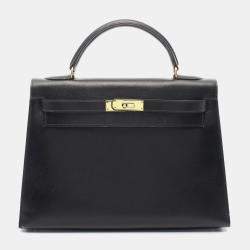 Pre Owned Hermes Black Box Calf Leather Kelly 32 Hand Bag GHW