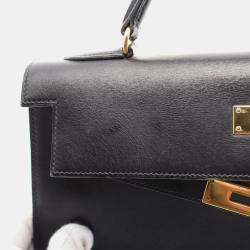 Pre Owned Hermes Black Box Calf Leather Kelly 32 Hand Bag GHW