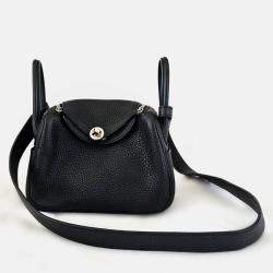 Hermes Noir Taurillon Clemence Leather Palladium Finish Mini Lindy