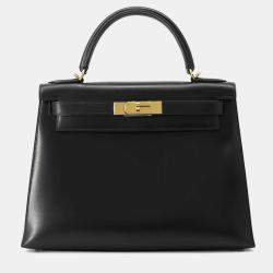 Hermes Black Calf Leather Box Kelly 28 Top Handle Bag