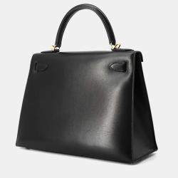 Hermes Black Calf Leather Box Kelly 28 Top Handle Bag