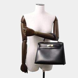 Hermes Black Calf Leather Box Kelly 28 Top Handle Bag