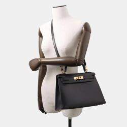 Hermes Black Calf Leather Box Kelly 28 Top Handle Bag
