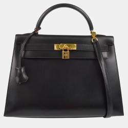 Hermes Black Box Calf Kelly 32 Sellier Handbag