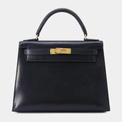 Hermes Blue Indigo Box Calf Leather Kelly Sellier 28 Top Handle Bag