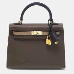 Hermes Ecorce/Etoupe/Noir Epsom Leather Gold Finish Kelly Sellier 25 Bag