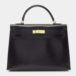 Hermes Black Box Calf Leather Kelly 32 Handbag