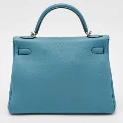 Hermes Bleu Jean Togo Leather Palladium Finish Kelly Retourne 32 Bag