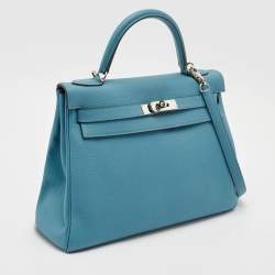 Hermes Bleu Jean Togo Leather Palladium Finish Kelly Retourne 32 Bag