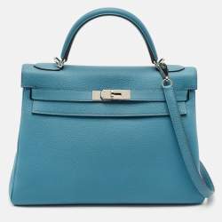 Hermes Bleu Jean Togo Leather Palladium Finish Kelly Retourne 32 Bag