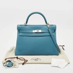 Hermes Bleu Jean Togo Leather Palladium Finish Kelly Retourne 32 Bag