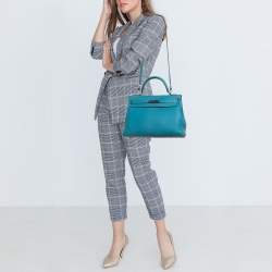 Hermes Bleu Jean Togo Leather Palladium Finish Kelly Retourne 32 Bag