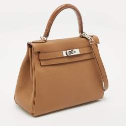 Hermès Gold Matte Alligator and Togo Leather Palladium Finish Kelly Retourne Touch 28 Bag