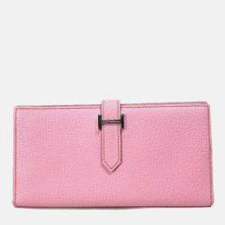 Hermes Long Leather Pink H hardware Two Fold Wallet