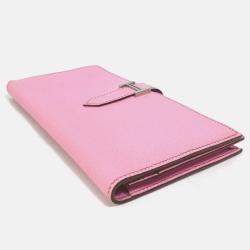 Hermes Long Leather Pink H hardware Two Fold Wallet