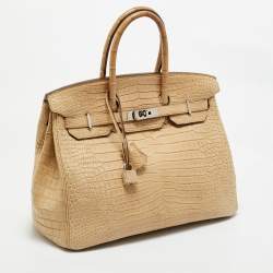 Pre Owned Hermes Poussiere Crocodile Porosus Palladium Finish Birkin 35 Bag