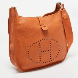 Pre Owned Hermes Orange Taurillon Clemence Leather Evelyne III GM Bag