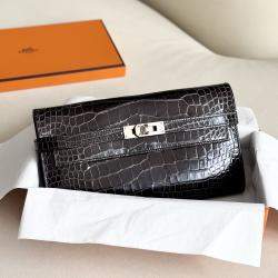 Hermes Kelly Graphite Crocodile Shiny Wallet 