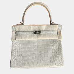 Hermes Kelly 25 Glacier White Matte Crocodile Bag