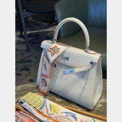 Hermes Kelly 25 Glacier White Matte Crocodile Bag