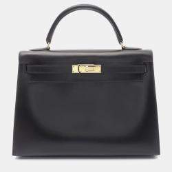 Hermes Kelly 32  Black Z Outside Stitched Box Calf Leather Bag 