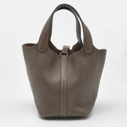 Pre Owned Hermes Taupe Grey Taurillon Clemence Leather Picotin Lock 18 Bag