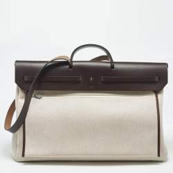 Pre Owned Hermes Ebene/Ecru H Plume Canvas and Hunter Leather Circuit 24 Herbag Zip Cabine 50 Bag