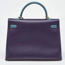 Pre Owned Hermes Bleu Jean/Anemone/Rose Tyrien Epsom Leather Gold Finish Kelly Sellier 35 Bag