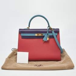 Pre Owned Hermes Bleu Jean/Anemone/Rose Tyrien Epsom Leather Gold Finish Kelly Sellier 35 Bag