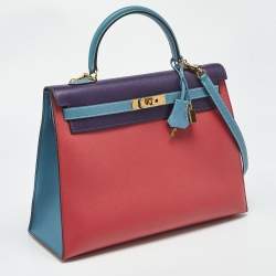Pre Owned Hermes Bleu Jean/Anemone/Rose Tyrien Epsom Leather Gold Finish Kelly Sellier 35 Bag