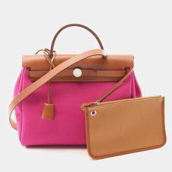 Pre Owned Hermes Herbag PM Brown Pink Canvas Shoulder Bag