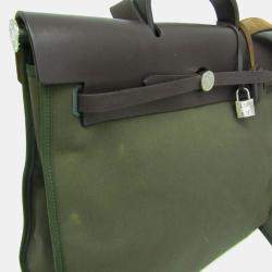 Pre Owned Hermes Her Bag Zip Dark Brown Khaki Toile Officier Leather Handbag MM