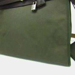 Pre Owned Hermes Her Bag Zip Dark Brown Khaki Toile Officier Leather Handbag MM