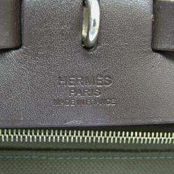 Pre Owned Hermes Her Bag Zip Dark Brown Khaki Toile Officier Leather Handbag MM