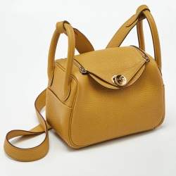 Pre Owned Hermes Jaune Ambre Togo Leather Gold Finish Mini Lindy Bag