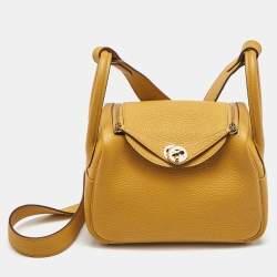Pre Owned Hermes Jaune Ambre Togo Leather Gold Finish Mini Lindy Bag