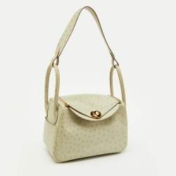 Pre Owned Hermès Gris Perle Ostrich Gold Finish Lindy 26 Bag